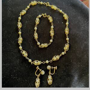 MCM signed TK 12K gold filled parure set caged pearls necklace bracelet earrings